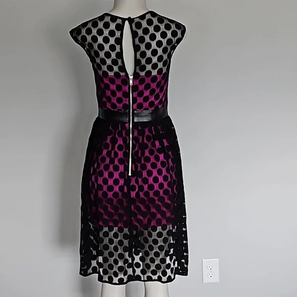 Milly black polka dot mesh dress magenta lining-4 - Picture 3 of 8